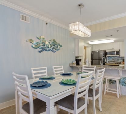Designer wall art, elegant chandelier, unique wave accents - beautiful!