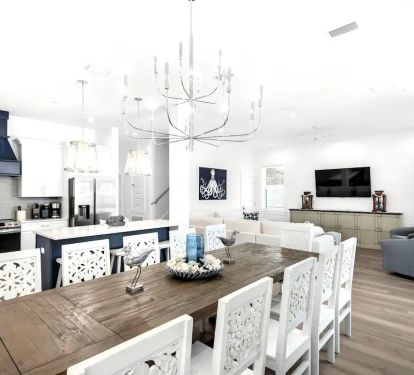 Vista-11 Lots of room and dining configurations for your large group. Vista's stylish dining area seats 12. Kitchen island seating for 4. First floor al fresco dining seating for 4.