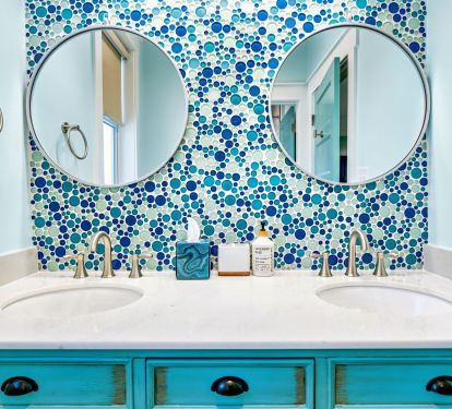 Kids bathroom with tub and shower, dual vanities