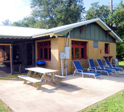 Picnic table and outdoor lounge chairs
