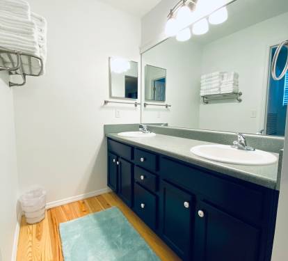 Master bathroom double sink vanity leads into the shower and stool.