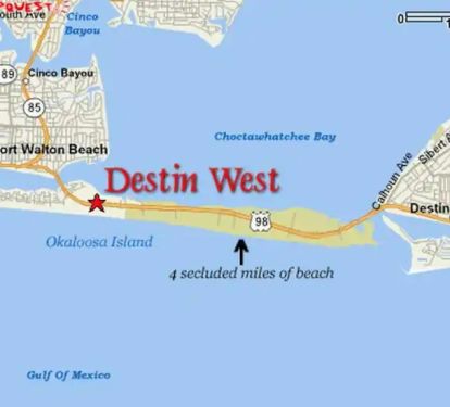 Map of Fort Walton Beach and Destin. The red star is where the condo is located.