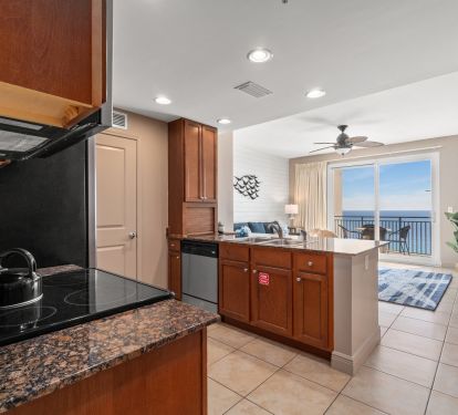 Kitchen with a view of the balcony.