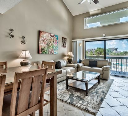 Living area overlooks the pool