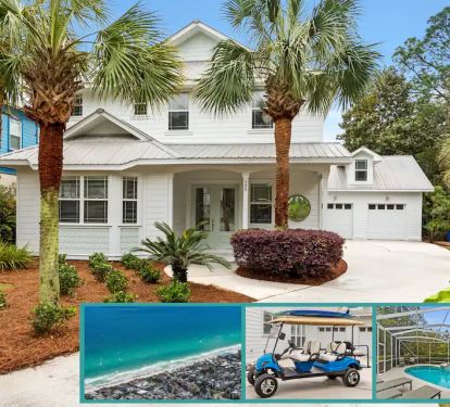 Vibe-1 Designer renovated Vibe offers a quiet cul-de-sac location with a large 7 bedroom sleeping capacity complete with private pool and hot tub. Take a two minute ride on the free 6 seater golf cart to the sugar sand beaches of 30A!