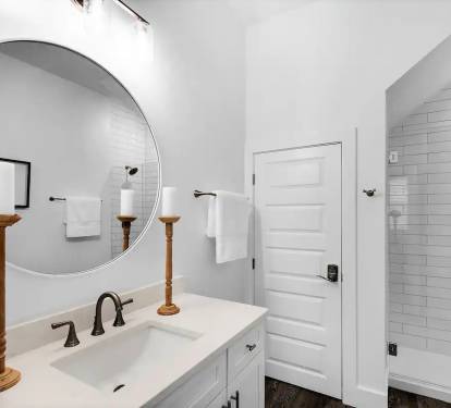 Bliss-18 1st Floor. Bedroom 1. Private Bath Picture 1. Private bath with frameless glass walk-in shower.