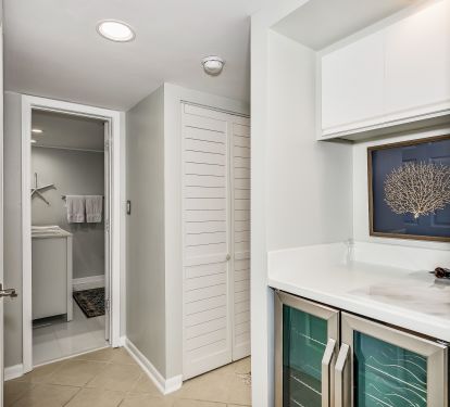 Hall to Bedrooms with Dual Zone Beverage Refrigerator