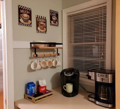 Coffee bar just off the kitchen with Keurig 2.0 and 12 cup coffee maker