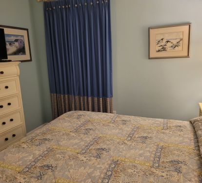 TV in the bedroom. Wood look tile on the floor and black out curtains.