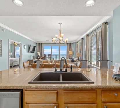 View from kitchen to living dining area