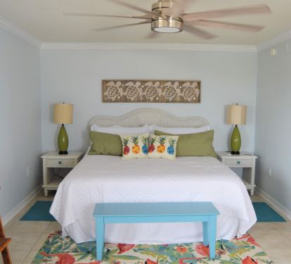 Oversized master bedroom with large ceiling fan, Smart TV, attached bath