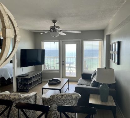 View from kitchen into living area 