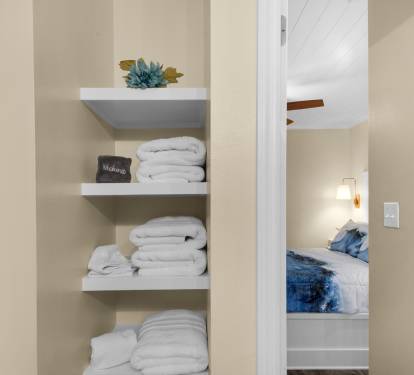 Plenty of shelf storage in bathroom