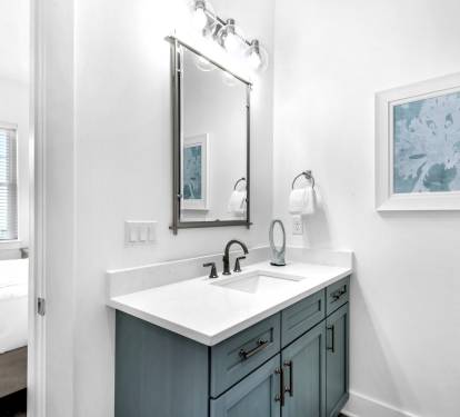 Azure-21 Bedroom 2 bath, pic 1. 1st floor. Walk-in, frameless glass shower.
