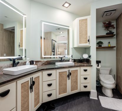 Japandi-inspired design with thoughtful details, including a TOTO Washlet and ample storage.