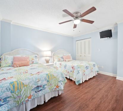 Two queen beds, dresser &amp; closet for plenty of storage.