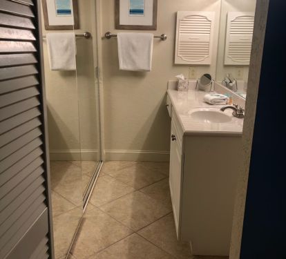 Master bathroom with full sized mirrored closet