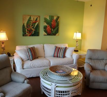 Living area with sofa / sleeper that has upgraded memory foam mattress