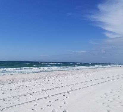 Sugar white sand beach steps from the beachfront condo. 