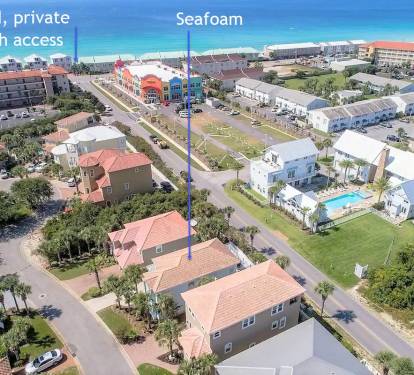 Seafoam-11 Just a block and a half to the gated, private beach. Only a 3 minute walk...even less in the free included golf cart.