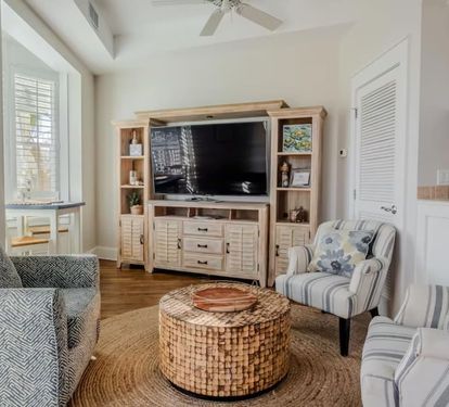 Conversational seating adjacent to private balcony