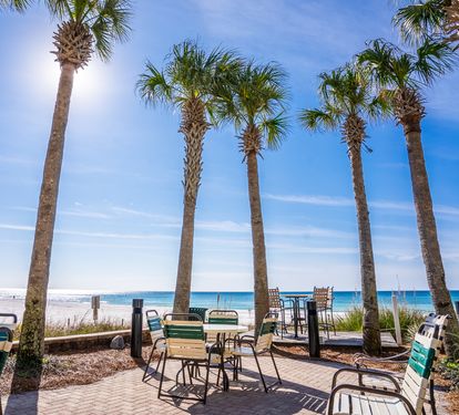Beachfront tiki bar and grill patio area