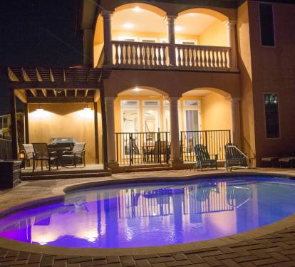 View of the pool at night.  