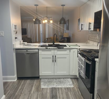 The remodel features quartz countertops, new stove and microwave.