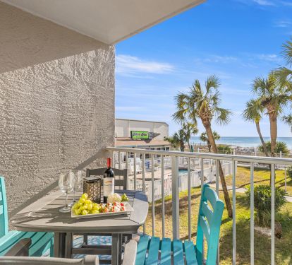 Balcony with great Gulf View offering comfortable dining area
