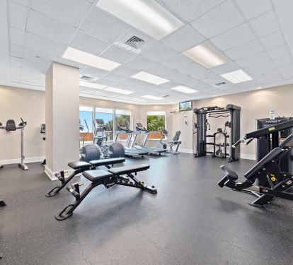 Great fitness center with treadmills, dumbbells and more, plus a fantastic view