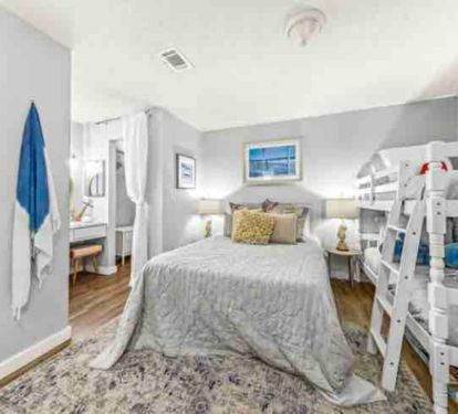 Queen size beds and bunk beds for the kids