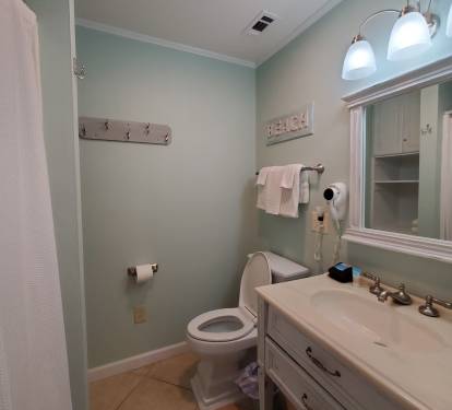 Master bath with shower, hair dryer, and shelves for toiletries.