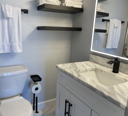 The newly remodeled master bath includes tub and shower combo. 
