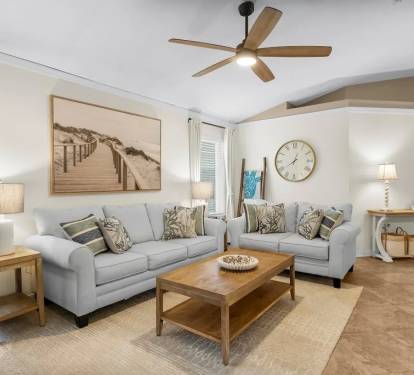 A queen-size sleeper sofa offers an additional sleeping space.