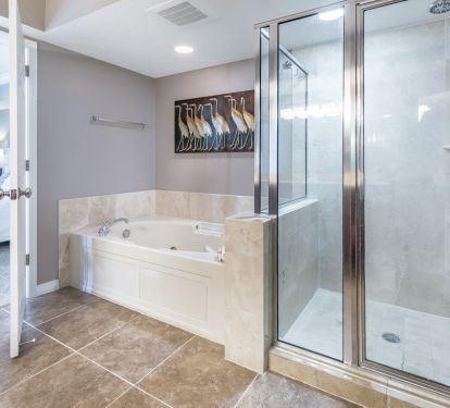 Large tiled walk-in shower and jacuzzi tub in Master en-suite.