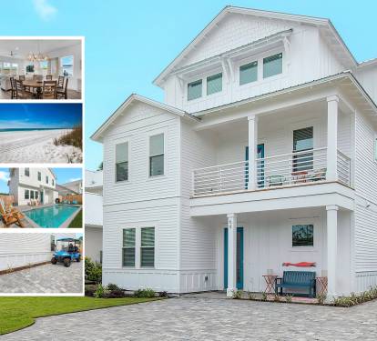 Bliss-1 brand new 2022 beach home with designer coastal chic decor. Set in a quiet, gated neighborhood. Yet just a fun 4 minute golf cart ride to Destin and Miramar Beach's biggest and best sugar sand beaches, ocean-view restaurants, shops