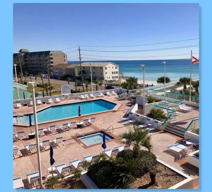 The pool deck has a large pool, 2 hot tubs, kiddie pool, tiki bar, and saunas.