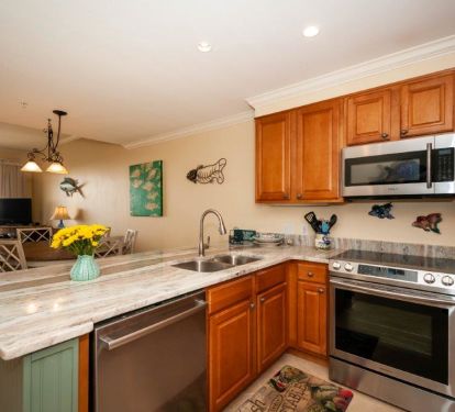 new kitchen with granite counters and stainless appliances