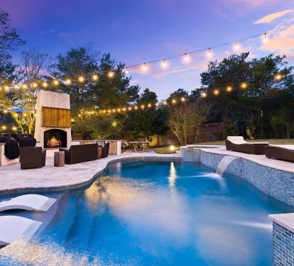 Heated Saltwater pool with waterfalls and light effects and sundeck.