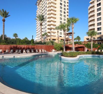 Resort style pool with waterfall