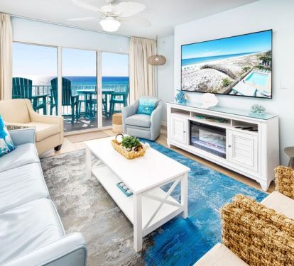 Living Room with Sleeper Sofa and 70" TV - Gulf Dunes 408 Fort Walton Beach Okaloosa Island Vacation Rentals