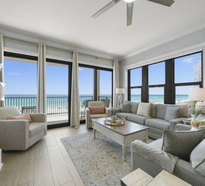 Fully furnished living room with gulf views