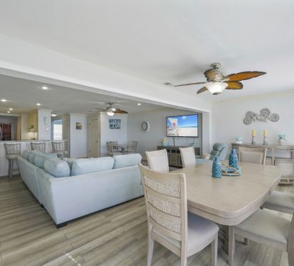 The heart of Captains Quarters welcomes you with an airy open concept living space designed for gathering, laughter, and unforgettable beach memories.