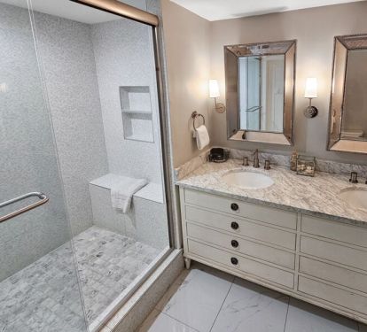 Double vanity and walk in shower in master bathroom
