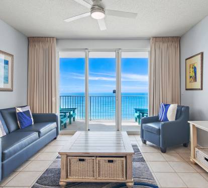 A Modernly Decorated Living Room with a Breathtaking Ocean View.