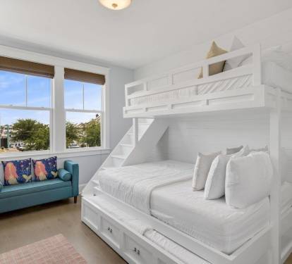 Kids get excited about bunks. Adults appreciate the comfortable seating too. Real room with real furniture, not a cramped afterthought.