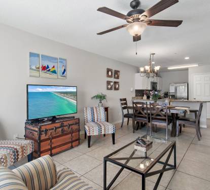 Relax in style with plush seating, a flat-screen TV, and a warm coastal vibe. Perfect for family nights after the beach. Availability is limited-book your last-minute Miramar Beach condo now!