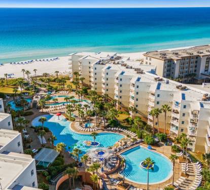 Aerial paradise - Waterscape Resort surrounded by crystal-clear waters and the soft sands of Okaloosa Island.