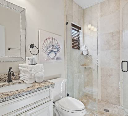 Stylish bathroom featuring a granite vanity and tiled walk-in shower.