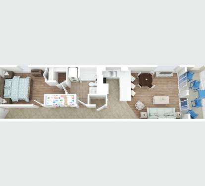 Open-concept floor plan showing the bedroom, bathroom, living area, kitchen, and private balcony for easy vacation living.